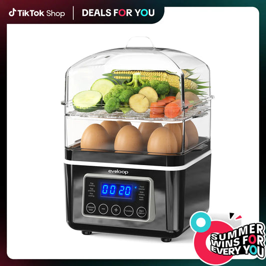 【Deals For You Days】EVOLOOP 2 Tiers Electric Food Steamer for Cooking, 4 QT Digital Multi Vegetable Steamer with BPA-Free Stackable Baskets, Rapid Egg Cooker with Auto Shut-Off, Ideal for Veggies, Rice
