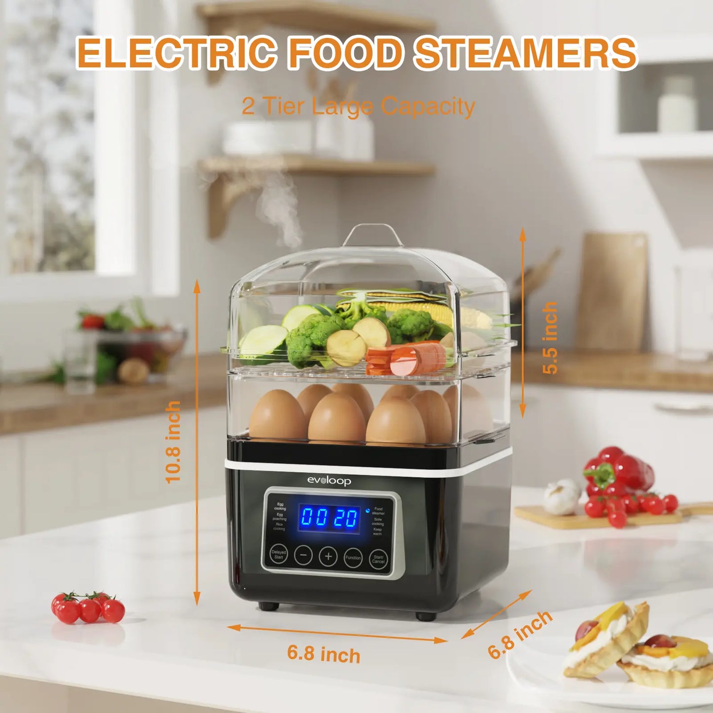 【Deals For You Days】EVOLOOP 2 Tiers Electric Food Steamer for Cooking, 4 QT Digital Multi Vegetable Steamer with BPA-Free Stackable Baskets, Rapid Egg Cooker with Auto Shut-Off, Ideal for Veggies, Rice