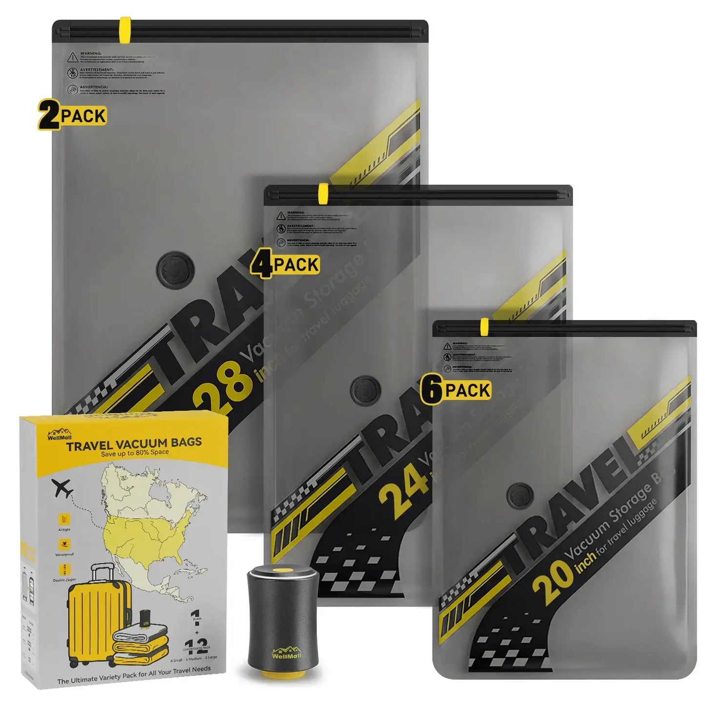 WellMall 18 Pack Travel Vacuum Bags with Pump,Vacuum Seal Bags for Clothing Travel, Space Saver vacuum storage bags for Clothes, Blankets & Luggage Organization